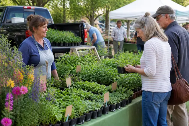 Local plant seller displaying herbs, vegetable starts, and flowering perennials at an outdoor market