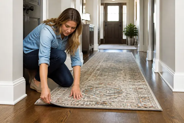 A low-pile hallway runner lies flat and securely on a wood floor.