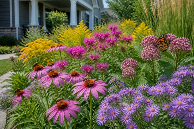 Grouped native flowers blooming in a front-yard pollinator border.