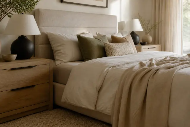 Textured modern bedroom with linen upholstery, oak furniture, and a woven rug.