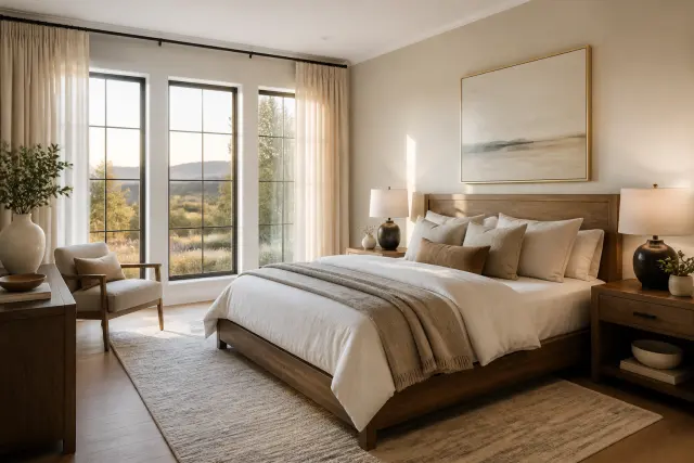 Finished serene modern bedroom with warm wood, soft bedding, and morning light.